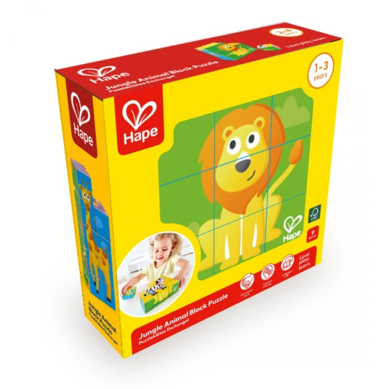 Дървен пъзел с кубчета, Hape, Джунгла, 9 части