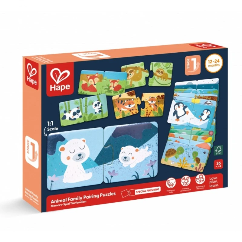 Детски образователен пъзел, Hape, Семейства животни, 36 части