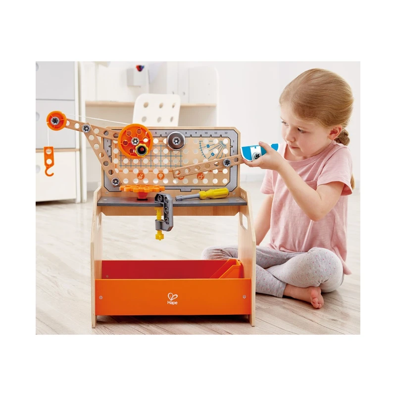 Игрален комплект, Hape, Дървена работна маса, Млад изобретател, 58 части