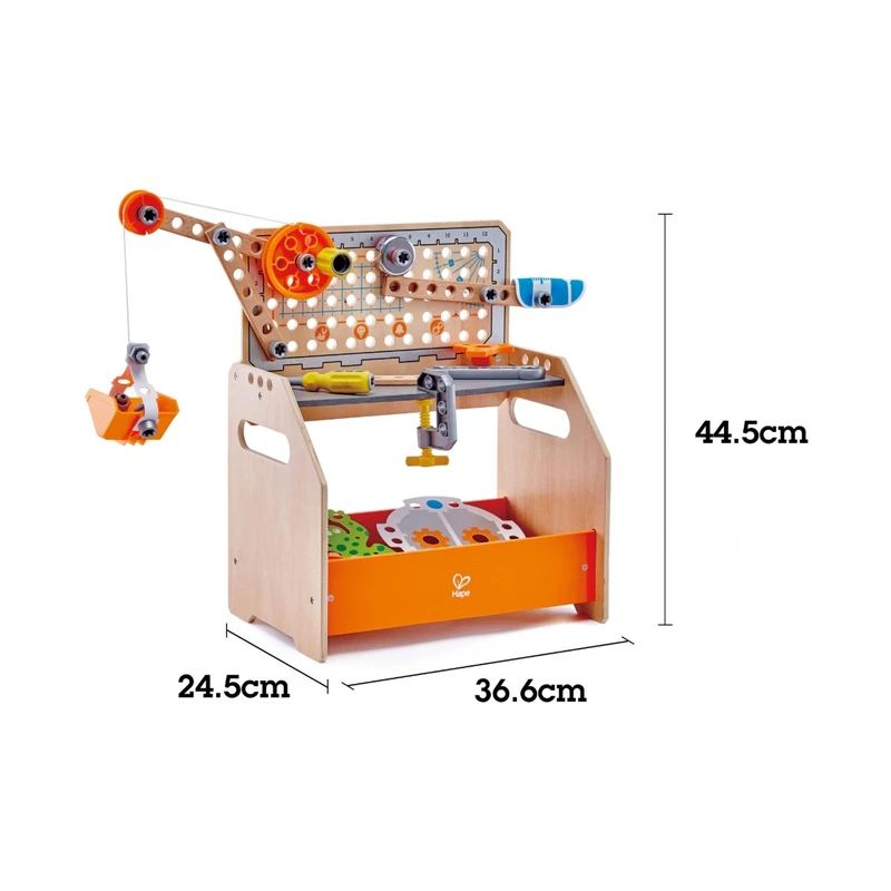 Игрален комплект, Hape, Дървена работна маса, Млад изобретател, 58 части