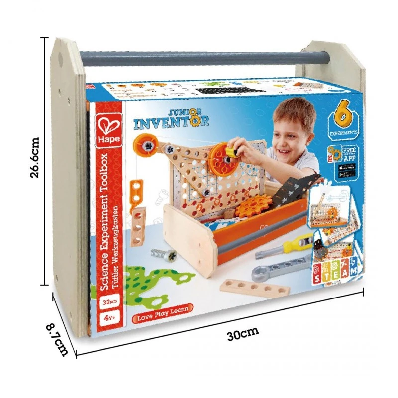 Игрален комплект, Hape, Дървена кутия с инструменти, Млад изобретател, 32 части
