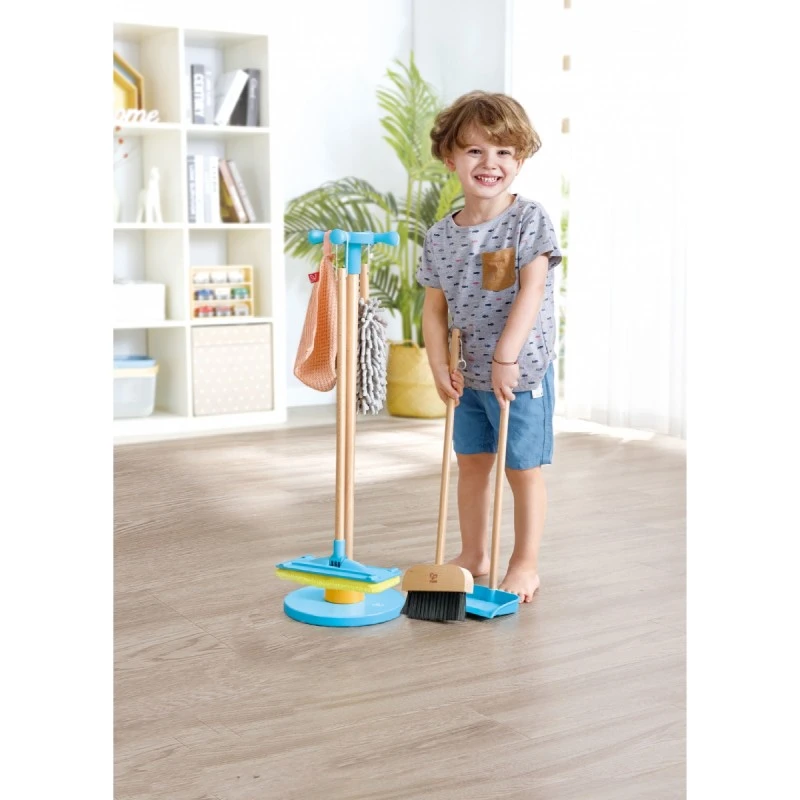 Детска играчка, Hape, Комплект метла и стойка за почистване, 6 части