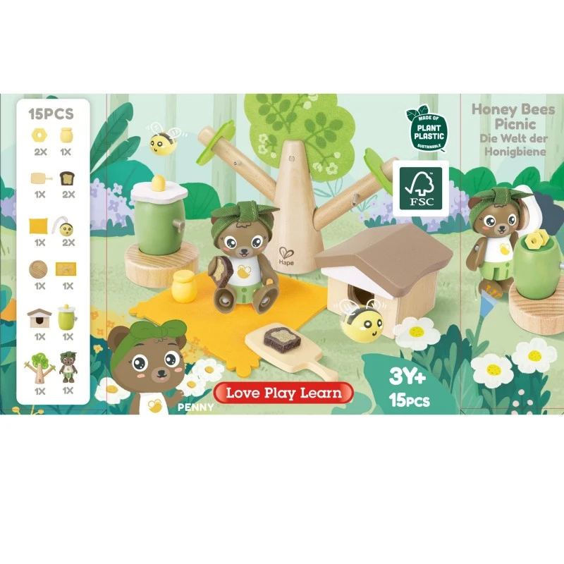 Интерактивен дървен комплект, Hape, Пикник с пчели и кошер, 15 части