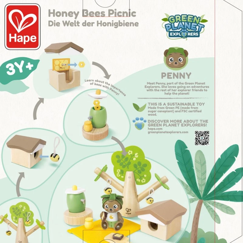 Интерактивен дървен комплект, Hape, Пикник с пчели и кошер, 15 части
