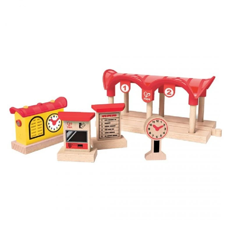 Дървен железопътен комплект, Hape, Запиши, чуй и освети жп гара