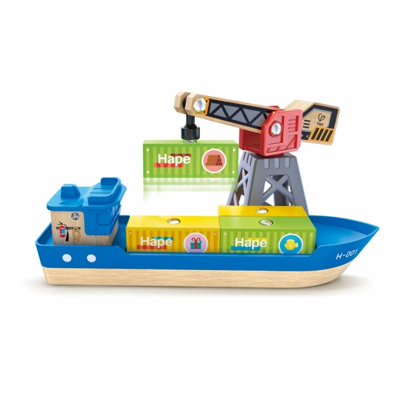 Комплект за игра, Hape, Товарен кораб и кран, 6 части