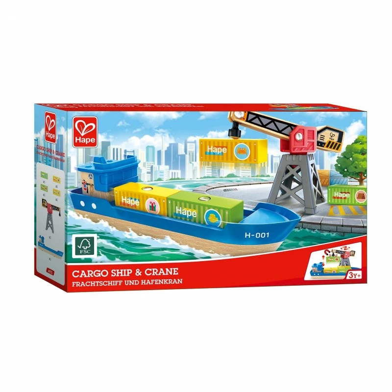 Комплект за игра, Hape, Товарен кораб и кран, 6 части