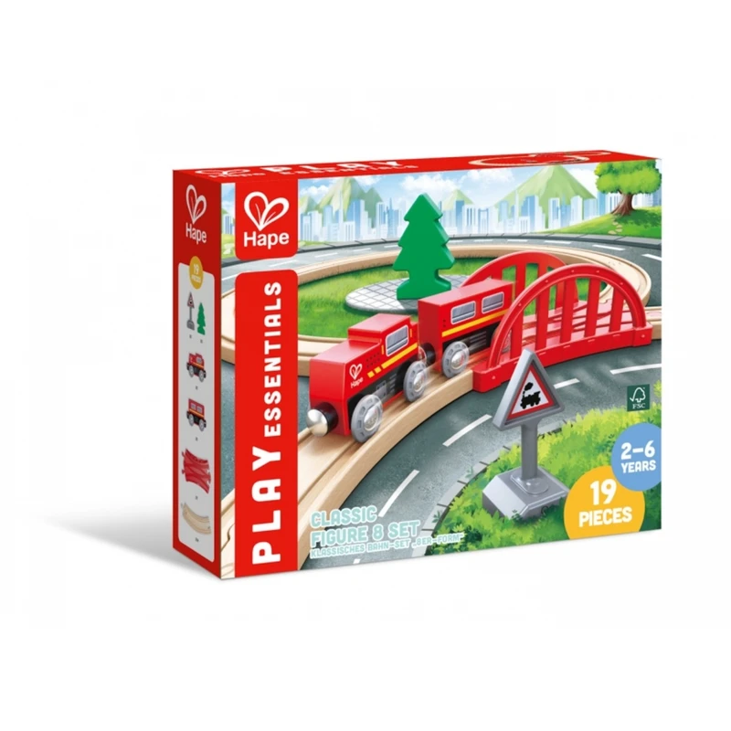 Детски игрален комплект, Hape, Класическа железопътна осмица, 19 части