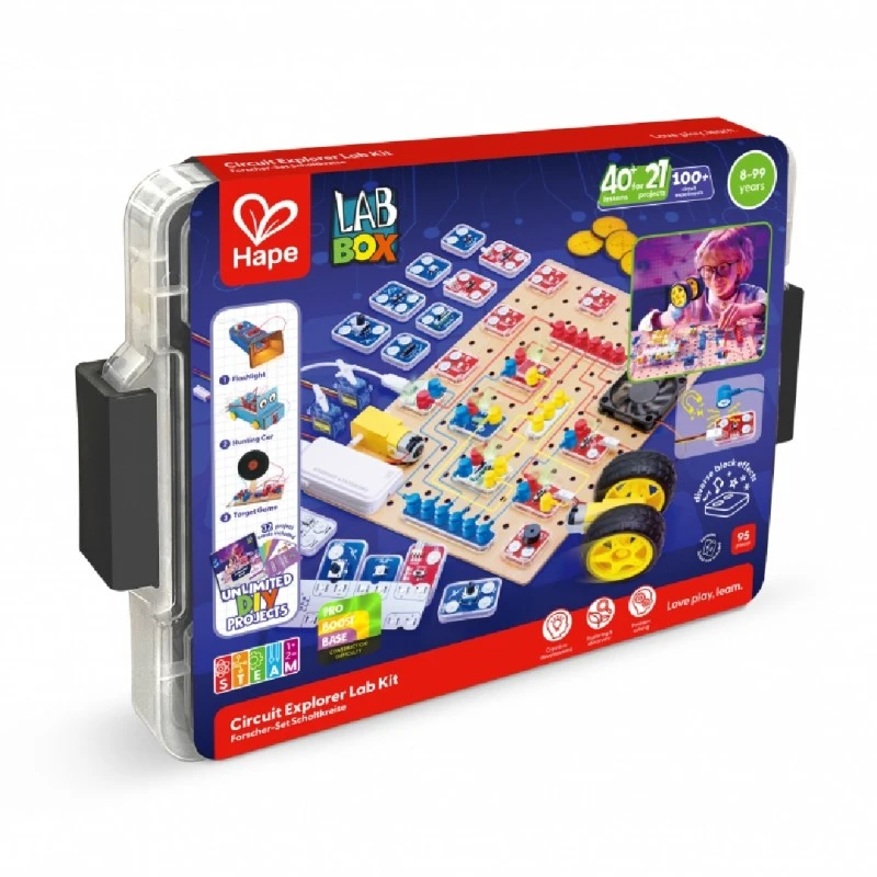 Образователен комплект, Hape, LabBox, Лаборатория за изследване на вериги, 95 части