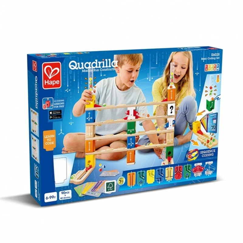 Комплект дървена писта, Hape, Quadrilla Basic Coding, 90 части