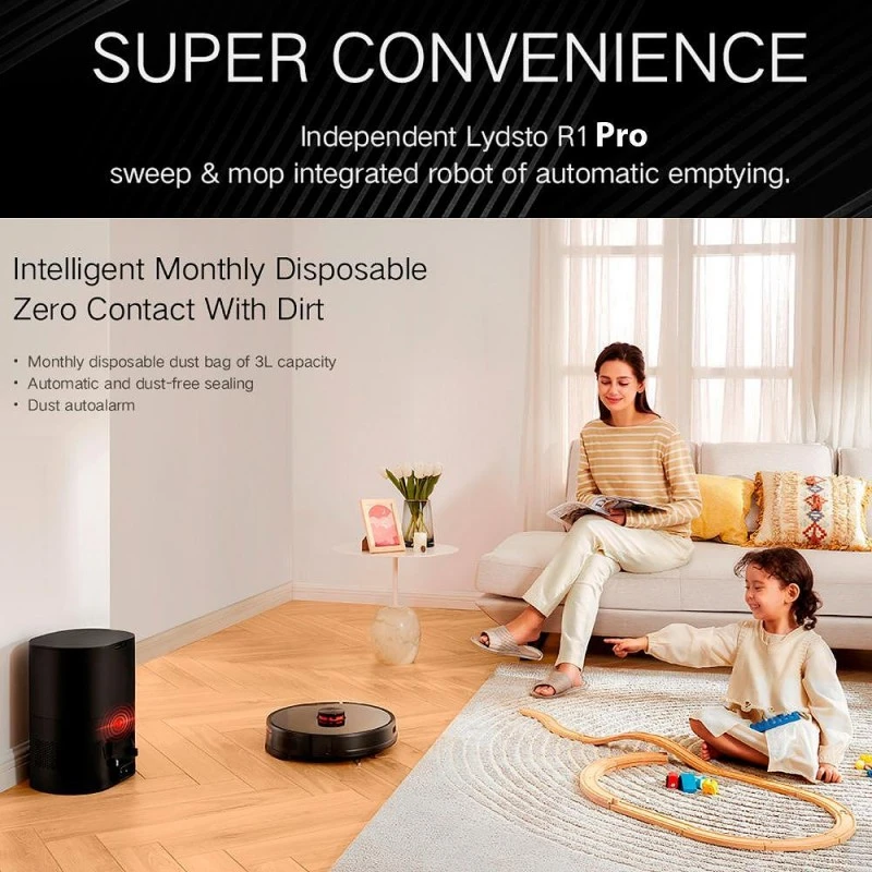 Lydsto R1 Pro, Сухо и Мокро почистване, Автоматична станция за отпадъжи, Черен