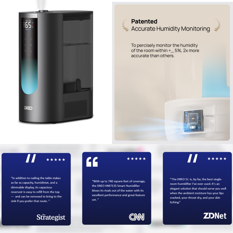 DREO 813S, Ултразвуков, С топла и студена струя, 6 L, 500 мл/час