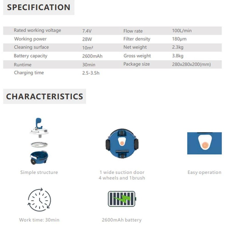 Безкабелен робот за почистване на басейн / джакузи SPA 10