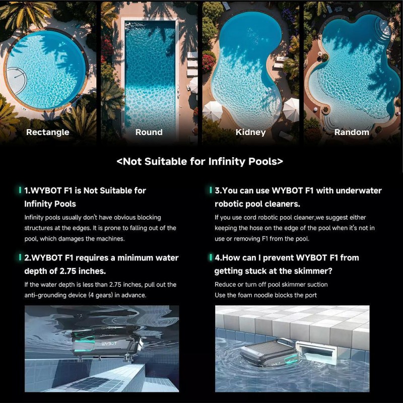 Соларен / DC скимер за почистване на повърхността на водата на басейни Wybot F1