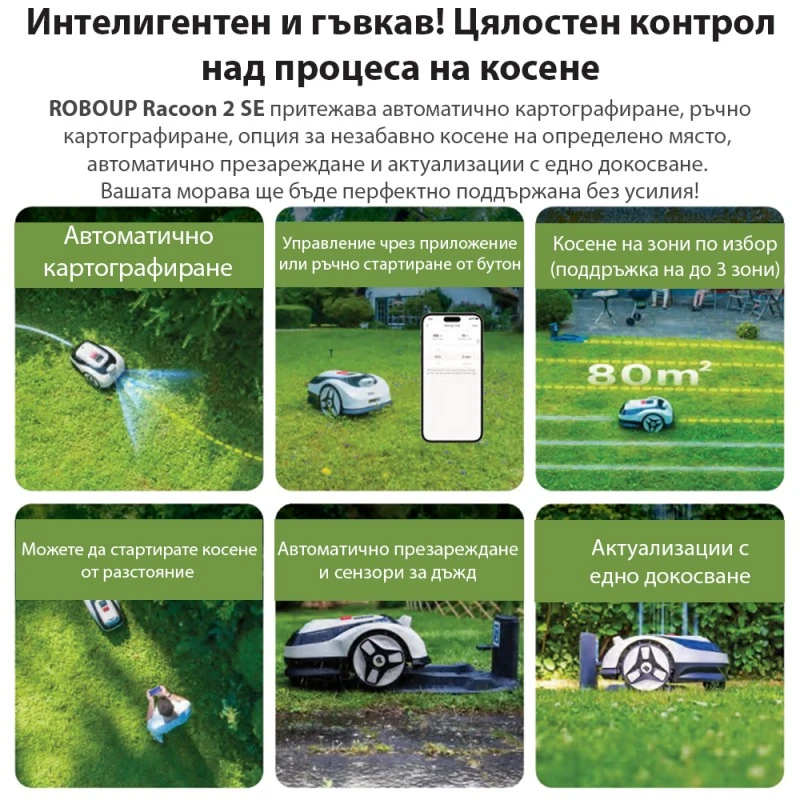 Косачка робот без ограничителен кабел и антена RoboUp Racoon 2 SE - до 600 м2 с подарък резервни ножчета