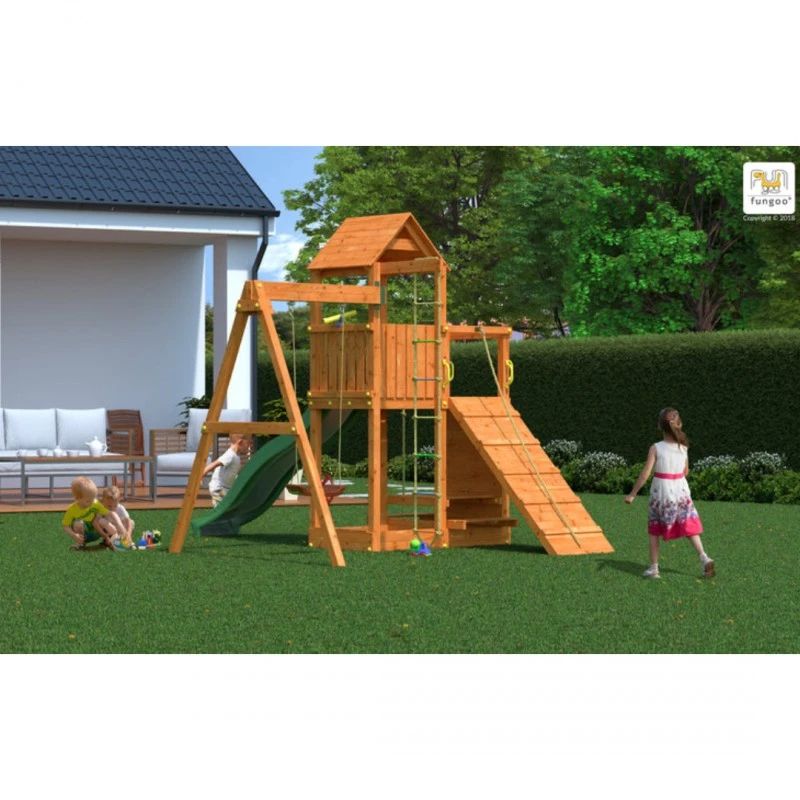 Дървена детска площадка Fungoo Activer с люлка и пързалка