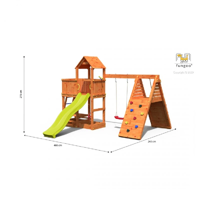 Дървена детска площадка Fungoo  FLUPPI с люлка, пързалка и стена за катерене