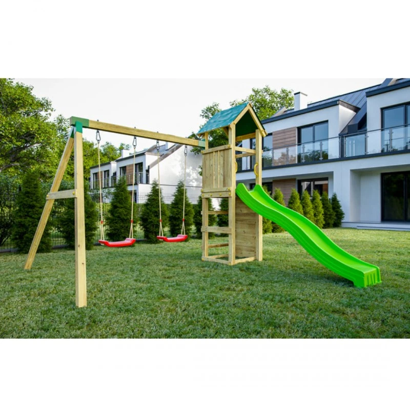 Дървена детска площадка Fungoo Charly с пързалка и 2 люлки