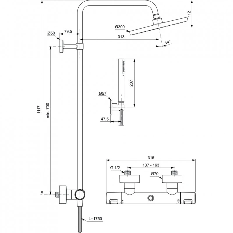 Термостатна душ система Ideal Standard Ceratherm T25 Silk Black BC748XG, Черен Мат