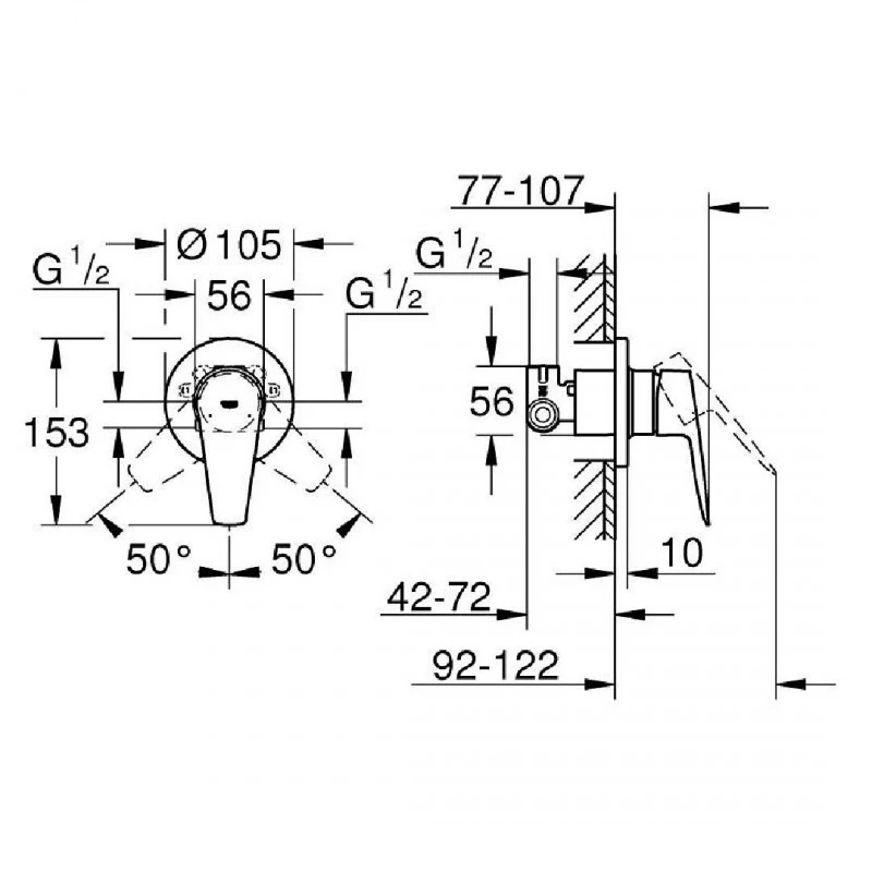 Смесител Grohe BauEdge 29040001, Стенен, За душ, За вграждане, Вътрешно и външно тяло, Хром