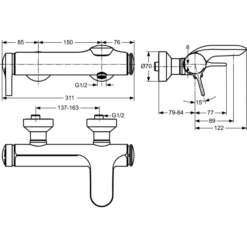 Смесител Ideal Standard Melange A4271AA  Стенен  За вана/душ  Цвят Хром