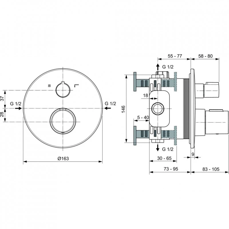 Смесител Ideal Standard Ceratherm T100 A5814GN  Термостатен  За вграждане  Външна част към тяло за вграждане