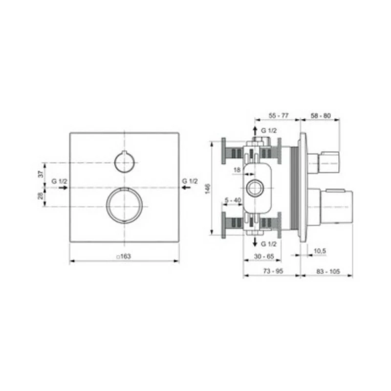 Смесител Ideal Standard Ceratherm C100 A6956XG, Стенен, За душ, Термостатен, За вграждане, Само външна част, Цвят Черна Коприна (мат)