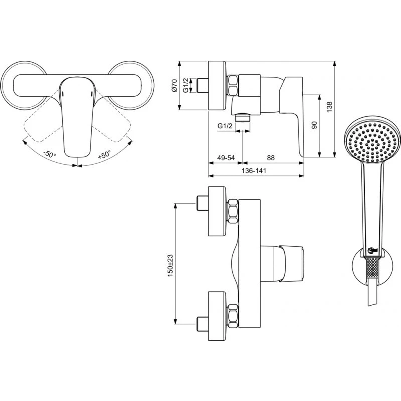 Смесител Ideal Standard Ceraplan III B0717AA  Стенен  За вана/душ  С ръчен душ с шлаух и държач