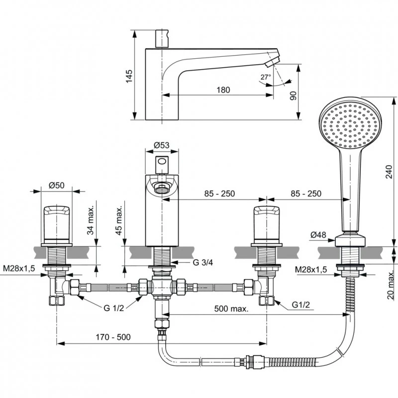 Смесители Ideal Standard Ceraflex B1874AA  Стоящ  За вана  С ръчен душ и шлаух
