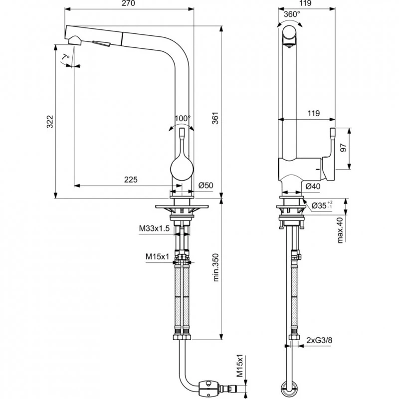 Смесител Ideal Standard Ceralook BlueStart BC178AA, Стоящ, Кухненски, Въртящ се чучур, Изтеглящ се душ с 2 функции, Цвят Хром