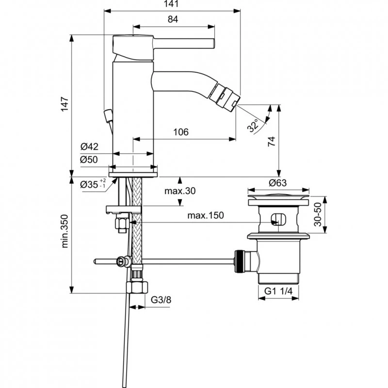Смесител Ideal Standard Ceraline BC197AA  Стоящ  За биде  Цвят Хром