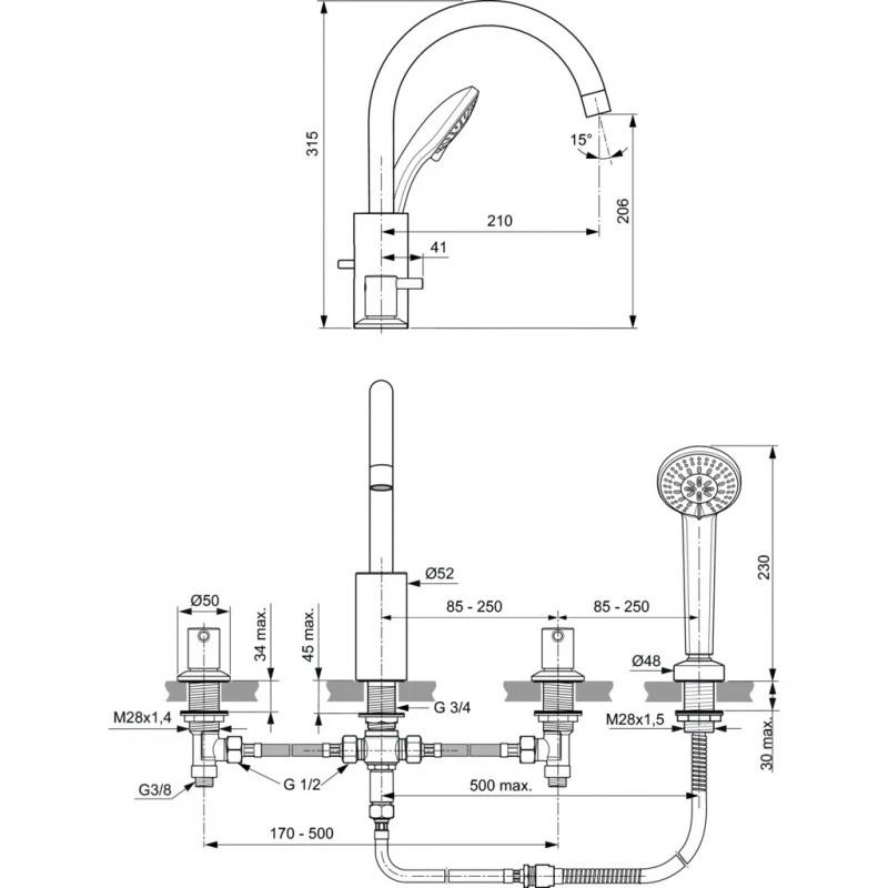 Смесител Ideal Standard Ceraline BC198AA, Стоящ, Четиридупков, За вана/душ, С ръчен душ, Цвят Хром