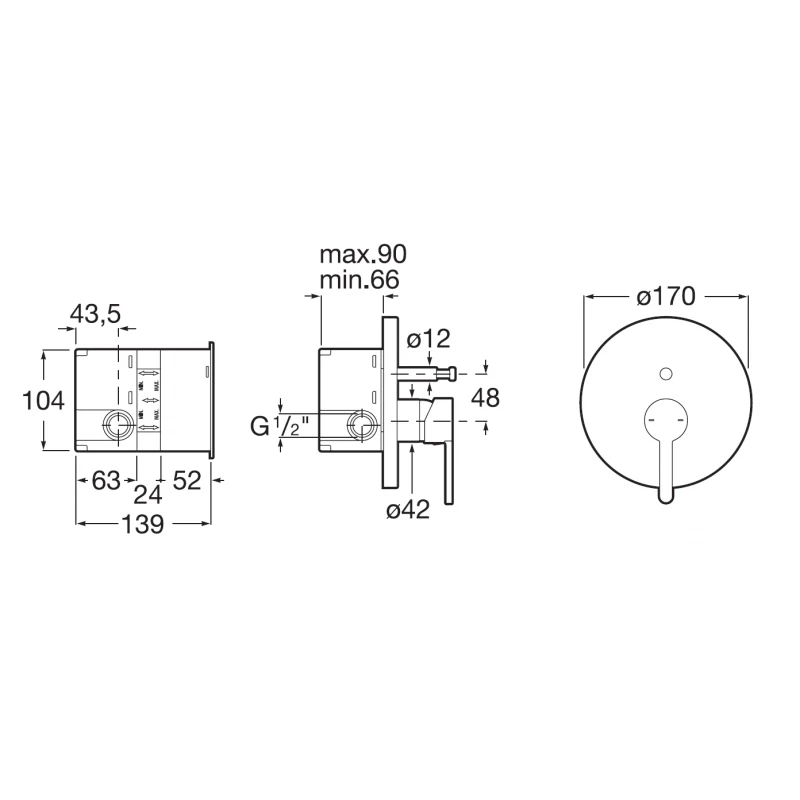 Смесител Roca Carelia A5A0B8AC0K, Стенен, За вана/душ, За вграждане, Комплект с вътрешно тяло RocaBox A525869403, Цвят Хром