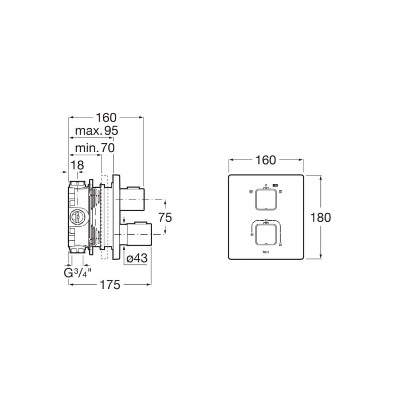 Смесител Roca Square T-1000 A5A0C1AC00, Стенен, За вана/душ, Термостатен, За вграждане, Комплект с вътрешно тяло RocaBox A525869403, Цвят Хром