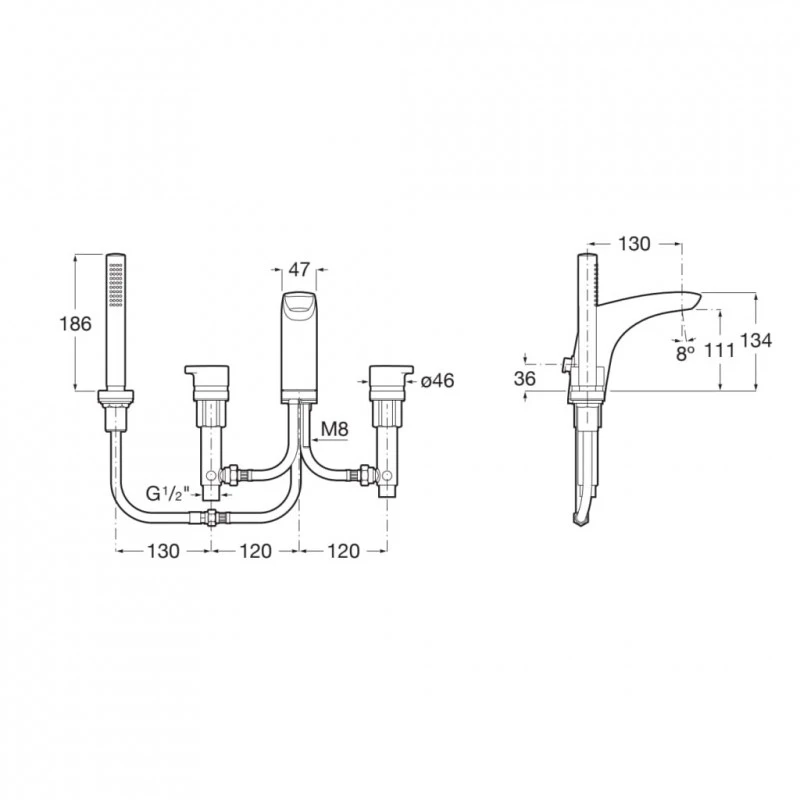 Смесител Roca Insignia A5A183AC00, Стоящ, За вана, С ръчен душ и шлаух, Четиридупков монтаж, Цвят Хром