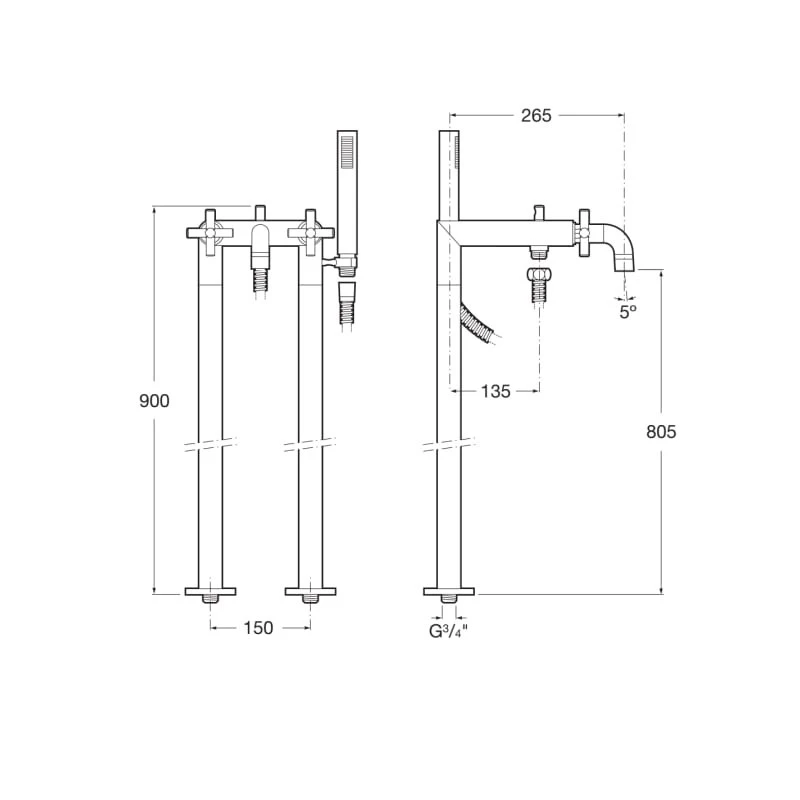 Смесител Roca Loft A5A2743C00, Външен смесител, За вана, С ръчен душ с подвижен държач и шлаух 1.75м, Вертикални колони за захранване, Цвят Хром