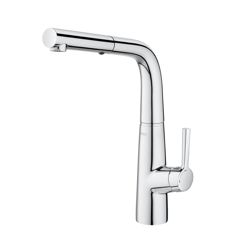 Смесител Roca Syra A5A852AC00, Стоящ, Кухненски, С изваждащ и въртящ се чучур, Спрей функция за изплакване, Cold Start, Цвят Хром