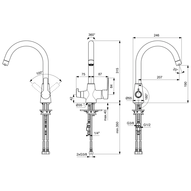 Кухненски смесител Vidima Calista, Двупътен и въртящ се чучур, За комбинация с филтър, Без филтър