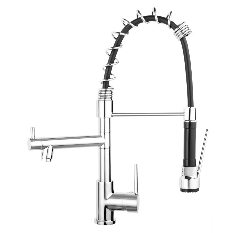 Смесител Ferro Kitchen Master, кухненски, мултифункционален, два чучура, с изтегляща се душ глава, керамичен механизъм, месинг, хром