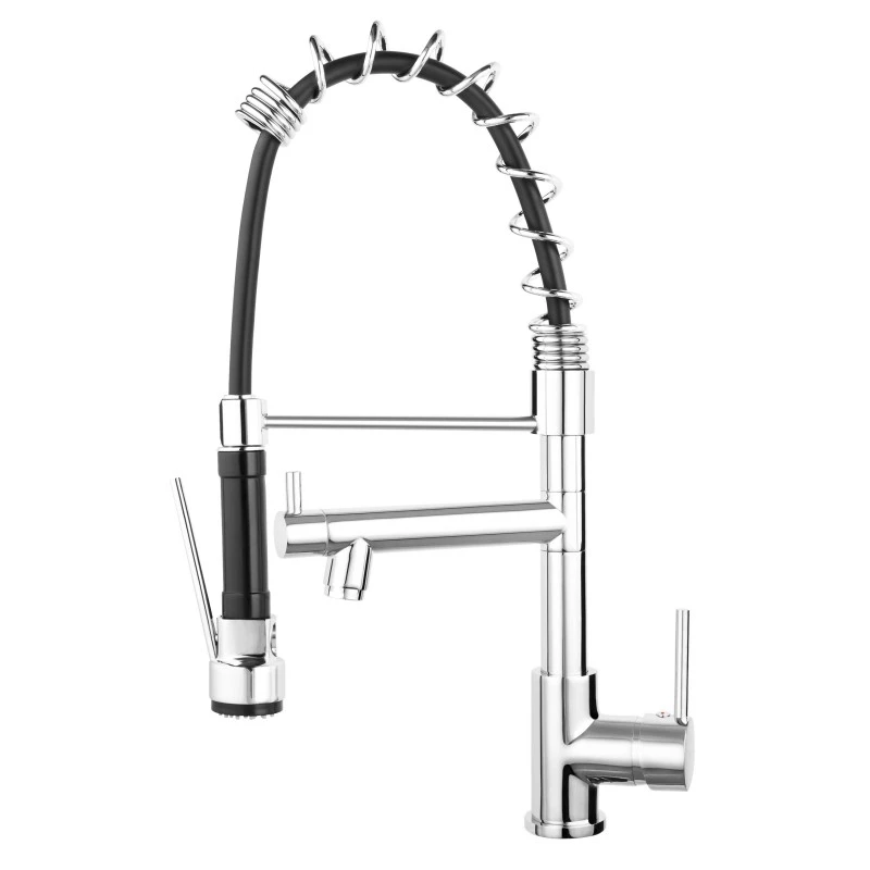 Смесител Ferro Kitchen Master, кухненски, мултифункционален, два чучура, с изтегляща се душ глава, керамичен механизъм, месинг, хром