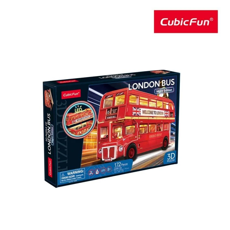 CubicFun Пъзел 3D London Bus Night Edition с LED светлини, 161 части, 4.6x22.6x33.3 см., 8+ години