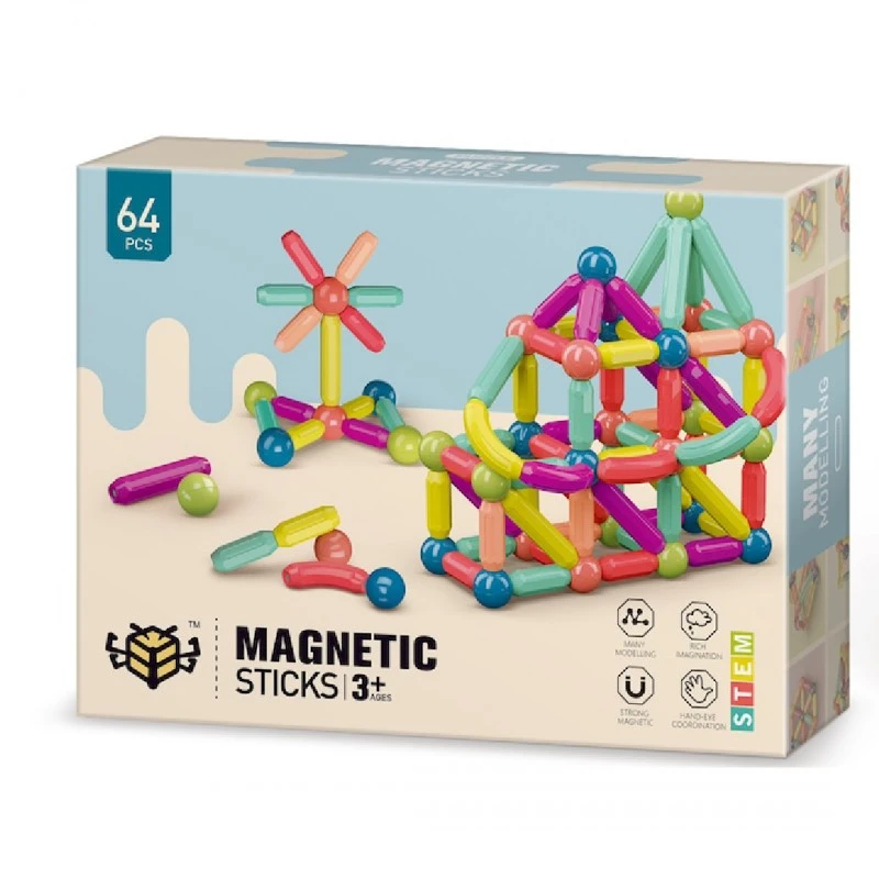 МАГНИТЕН КОНСТРУКТОР ПРЪЧКИ 64 ЧАСТИ СИНЯ КУТИЯ