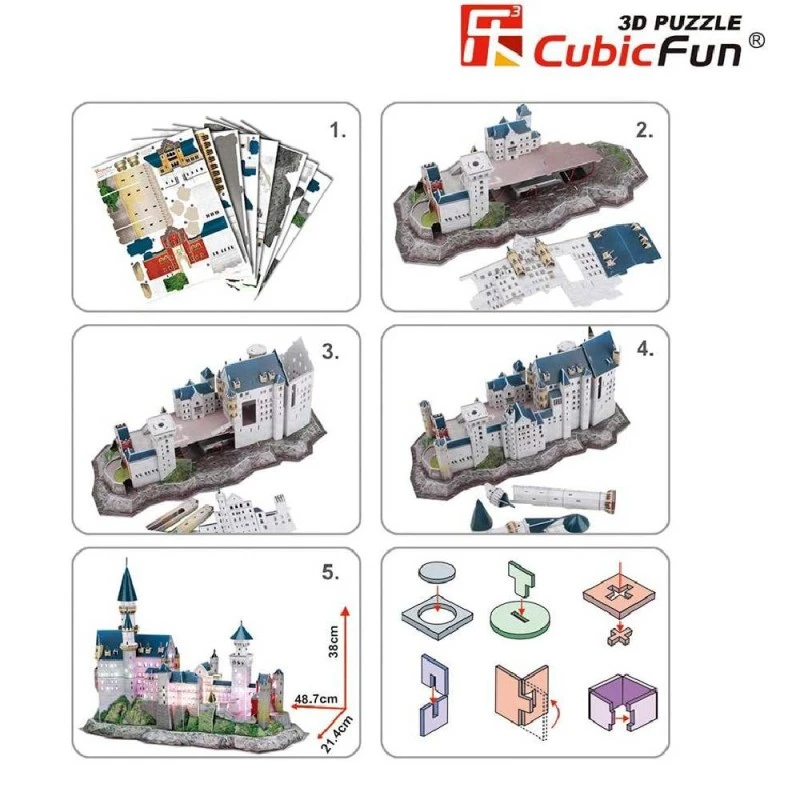 CubicFun 3D Пъзел NEUSCHWANSTEIN CASTLE с LED светлини, 128 части, 33x22.7x6 см., 8+ години