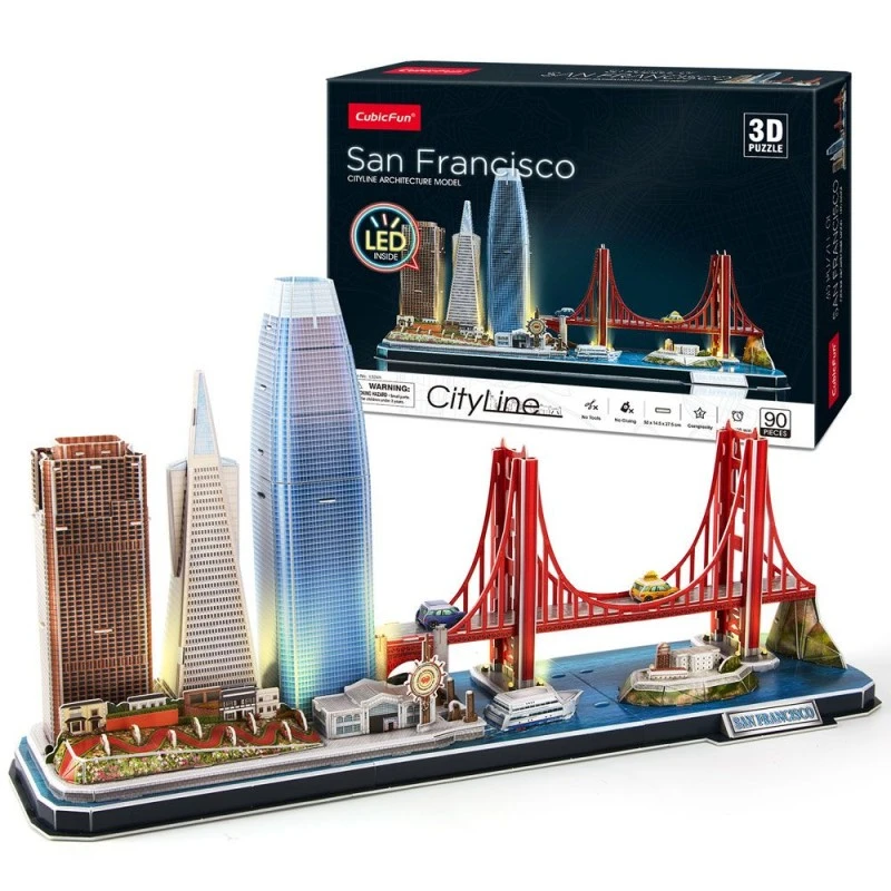 CubicFun Пъзел 3D Cityline San Francisco с LED светлини, 90 части, 21.8x29.8x6 см., 3+ години