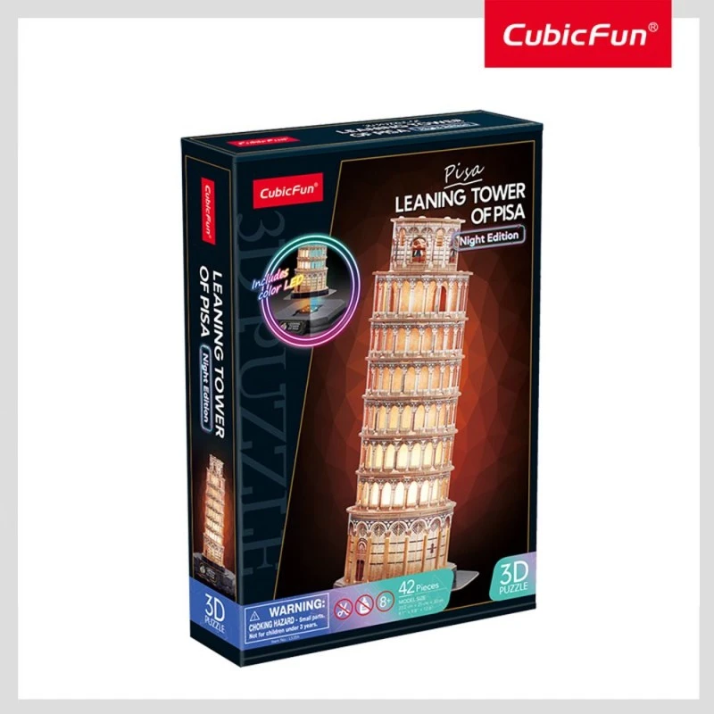 CubicFun Пъзел 3D Leaning Tower of Pisa Night Edition с LED светлини, 42 части, 4.7x23x33.5 см., 8+ години