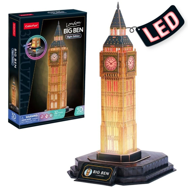 CubicFun Пъзел 3D Big Ben London Night Edition с LED светлини, 32 части, 4.7x23x33.5 см., 8+ години