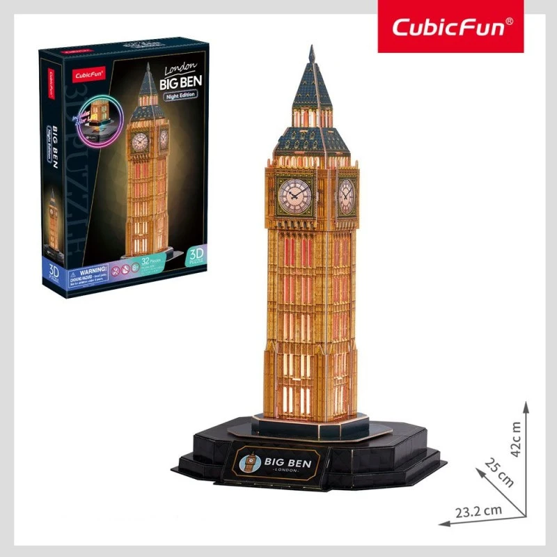 CubicFun Пъзел 3D Big Ben London Night Edition с LED светлини, 32 части, 4.7x23x33.5 см., 8+ години