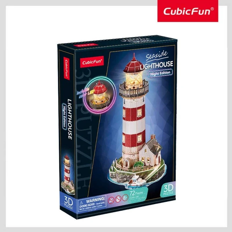 CubicFun Пъзел 3D Морски фар Lighthouse Night Edition с LED светлини, 72 части, 4.6x22.6x33.3 см., 8+ години