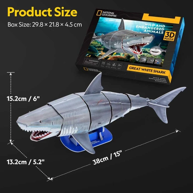 CubicFun Пъзел 3D National Geographic Голяма бяла акула 72 части, 4.5x29.6x21.9 см., 8+ години