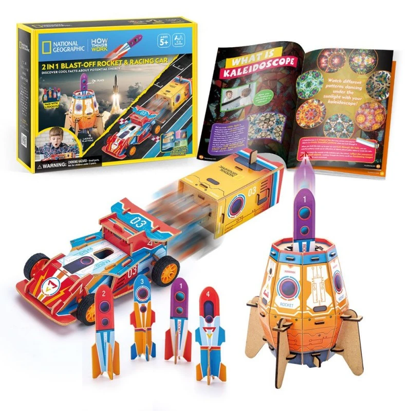 CubicFun 3D пъзел National Geographic STEM 2 в 1 ракета и състезателна кола, 88 части, 6.5x25.5x31.8 см., 5+ години